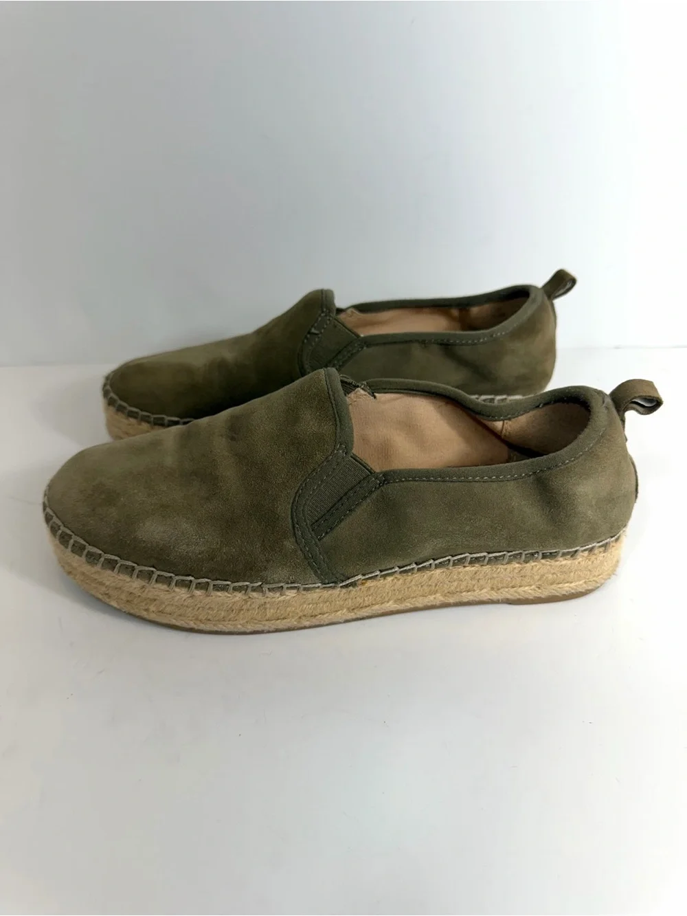 SAM EDELMAN Carrin Olive Green Suede Espadrille Platform Slip-On Flats – Size 7.
